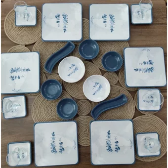 Keramika Blue Magic Kare Desenli 26 Parça 6 Kişilik Seramik Kahvaltı Takımı Beyaz-Mavi