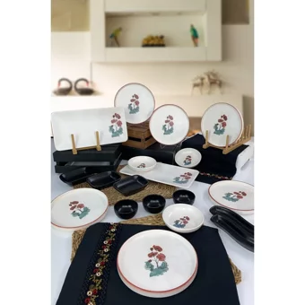 Keramika Poppy Flower Desenli 19 Parça 6 Kişilik Seramik Kahvaltı Takımı Beyaz