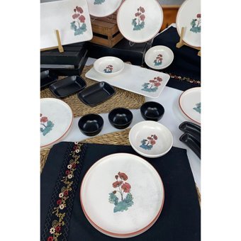 Keramika Poppy Flower Desenli 19 Parça 6 Kişilik Seramik Kahvaltı Takımı Beyaz