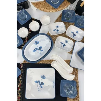 Keramika Blue Magic Kare Desenli 47 Parça 12 Kişilik Seramik Kahvaltı Takımı Beyaz-Mavi