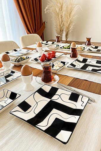 Şura Mutfak Kara Şimşek Desenli 14 Parça 6 Kişilik Seramik Kahvaltı Takımı Siyah