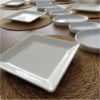Bi Bu Evim Beyaz Kare-Oval 14 Parça 6 Kişilik Seramik Kahvaltı Takımı Beyaz