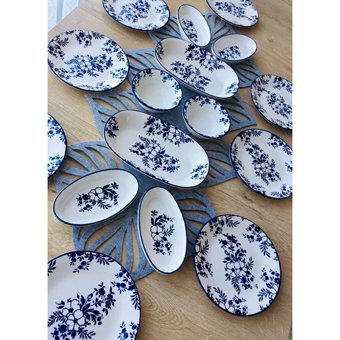 Venüs Home Decoratıon Yasemin Desenli 16 Parça 8 Kişilik Seramik Kahvaltı Takımı Mavi