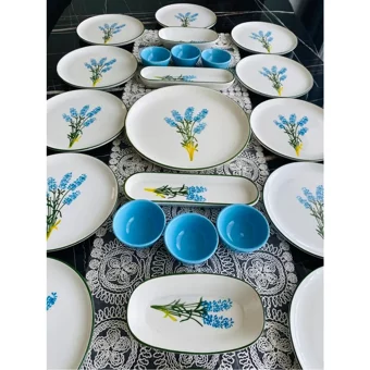 Venüs Home Decoratıon Sümbül Desenli 23 Parça 12 Kişilik Seramik Kahvaltı Takımı Mavi