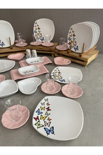 Keramika Kelebek Desenli 46 Parça 12 Kişilik Seramik Kahvaltı Takımı Beyaz-Pembe
