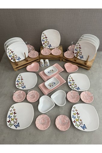 Keramika Kelebek Desenli 46 Parça 12 Kişilik Seramik Kahvaltı Takımı Beyaz-Pembe