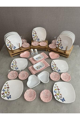 Keramika Kelebek Desenli 46 Parça 12 Kişilik Seramik Kahvaltı Takımı Beyaz-Pembe