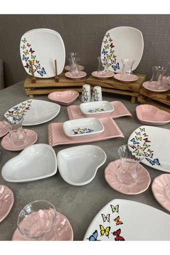 Keramika Kelebek Desenli 46 Parça 12 Kişilik Seramik Kahvaltı Takımı Beyaz-Pembe