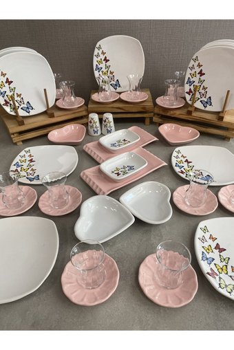 Keramika Kelebek Desenli 46 Parça 12 Kişilik Seramik Kahvaltı Takımı Beyaz-Pembe