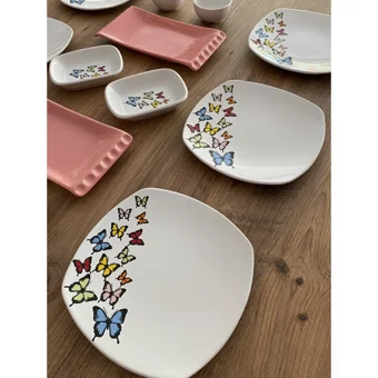 Keramika Kelebek Desenli 14 Parça 6 Kişilik Seramik Kahvaltı Takımı Pembe