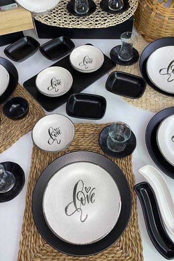 Keramika Love Desenli 38 Parça 6 Kişilik Seramik Kahvaltı Takımı Beyaz-Siyah