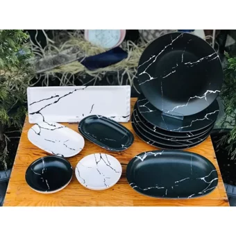 Pembiş Mutfağım Mermer Desenli 12 Parça 6 Kişilik Seramik Kahvaltı Takımı Siyah