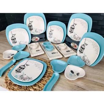 Keramika Retro Kalp-Kare Desenli 27 Parça 6 Kişilik Seramik Kahvaltı Takımı Beyaz-Mavi