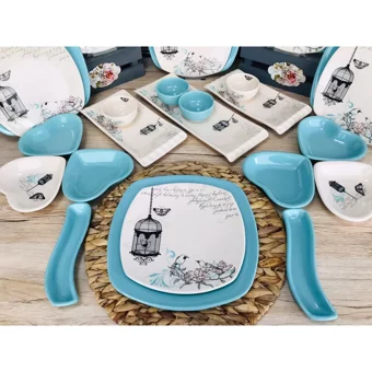 Keramika Retro Kalp-Kare Desenli 27 Parça 6 Kişilik Seramik Kahvaltı Takımı Beyaz-Mavi
