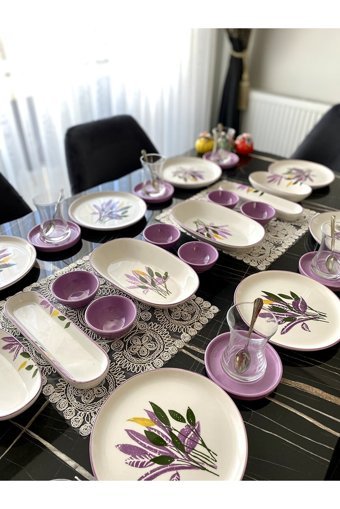 Yiğit Seramik Züccaciye Lila-28 Desenli 28 Parça 8 Kişilik Seramik Kahvaltı Takımı Mor