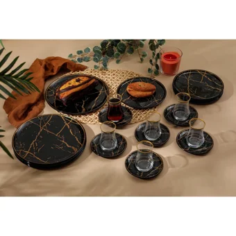 Gürcü Glass Desenli Yuvarlak Desenli 24 Parça 6 Kişilik Cam Kahvaltı Takımı Siyah