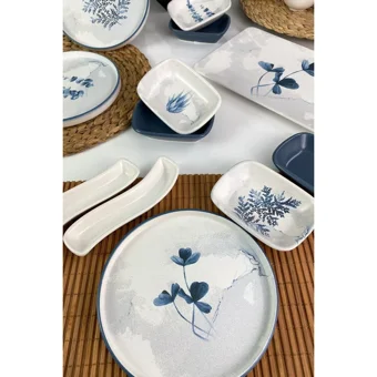 Keramika Blue Magic Kare-Yuvarlak Desenli 19 Parça 6 Kişilik Seramik Kahvaltı Takımı Beyaz