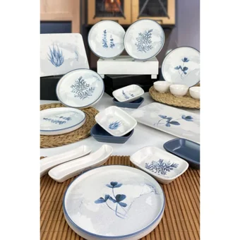Keramika Blue Magic Kare-Yuvarlak Desenli 19 Parça 6 Kişilik Seramik Kahvaltı Takımı Beyaz