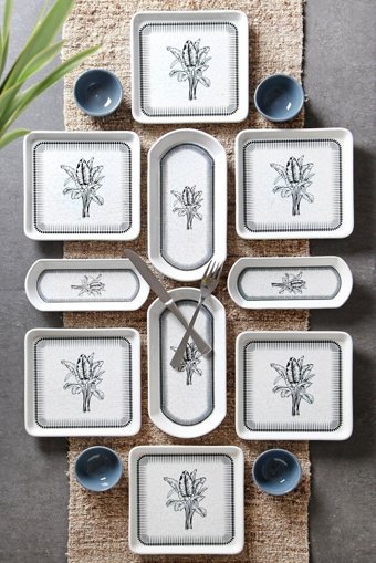 Nandy Home Blenka Seymen Desenli 14 Parça 6 Kişilik Seramik Kahvaltı Takımı Beyaz
