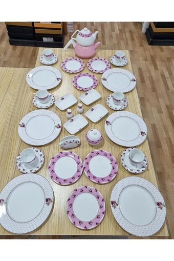 Evimsaray Es-923 Yuvarlak Desenli 36 Parça 6 Kişilik Porselen Kahvaltı Takımı Pembe