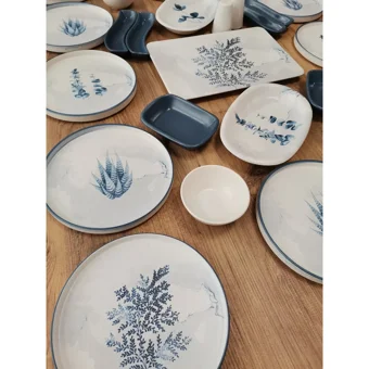 Keramika Blue Kare-Yuvarlak Desenli 27 Parça 12 Kişilik Seramik Kahvaltı Takımı Beyaz