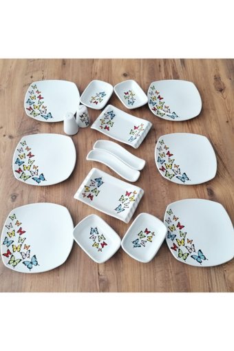 Demet Çeyiz Kelebek Kare Desenli 16 Parça 6 Kişilik Seramik Kahvaltı Takımı Beyaz