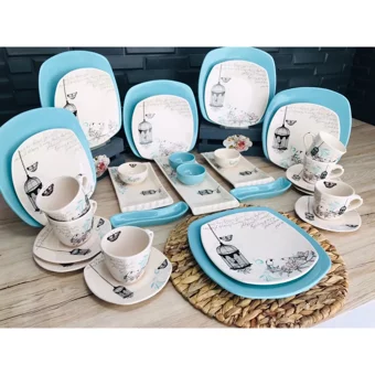 Keramika Retro Kare Desenli 33 Parça 6 Kişilik Seramik Kahvaltı Takımı Beyaz-Mavi