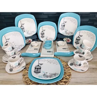 Keramika Retro Kare Desenli 33 Parça 6 Kişilik Seramik Kahvaltı Takımı Beyaz-Mavi