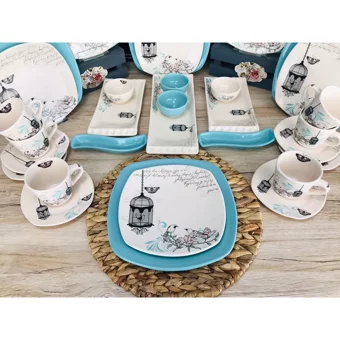 Keramika Retro Kare Desenli 33 Parça 6 Kişilik Seramik Kahvaltı Takımı Beyaz-Mavi