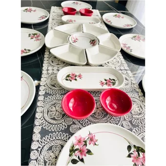 Venüs Home Kar Çiçeği Desenli 21 Parça 8 Kişilik Seramik Kahvaltı Takımı Fuşya