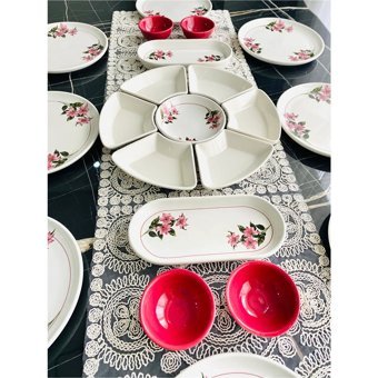 Venüs Home Kar Çiçeği Desenli 21 Parça 8 Kişilik Seramik Kahvaltı Takımı Fuşya