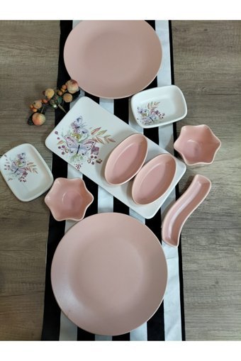 Bera Mat Pembe Yuvarlak 10 Parça 2 Kişilik Seramik Kahvaltı Takımı Pembe