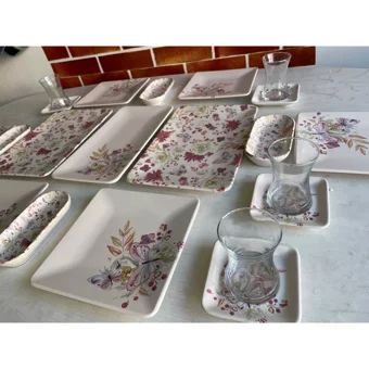 Keramika Bahar Kare Desenli 25 Parça 6 Kişilik Seramik Kahvaltı Takımı Beyaz