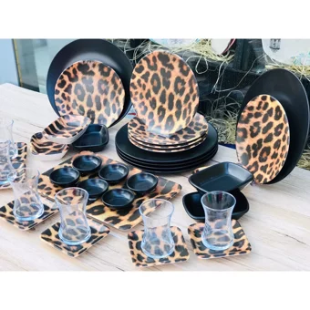 Keramika Leopar Yuvarlak Desenli 37 Parça 6 Kişilik Seramik Kahvaltı Takımı Beyaz-Mavi