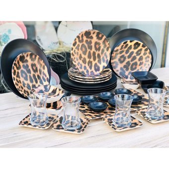 Keramika Leopar Yuvarlak Desenli 37 Parça 6 Kişilik Seramik Kahvaltı Takımı Beyaz-Mavi