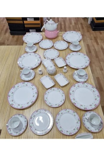 Evimsaray Yuvarlak Desenli 36 Parça 6 Kişilik Porselen Kahvaltı Takımı Pembe
