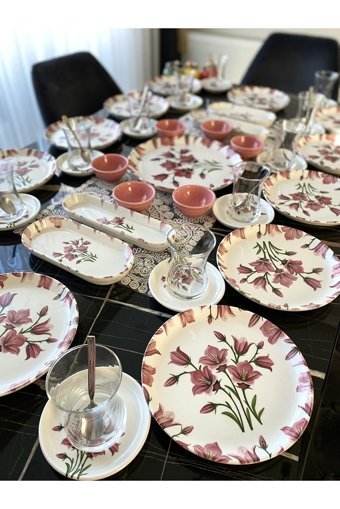 Yiğit Seramik Züccaciye Nergis Desenli 35 Parça 12 Kişilik Seramik Kahvaltı Takımı Pembe