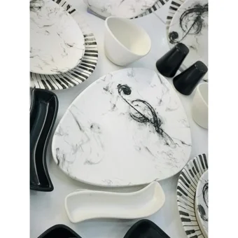 Keramika Melodi Oval-Yuvarlak Desenli 25 Parça 6 Kişilik Seramik Kahvaltı Takımı Beyaz-Siyah