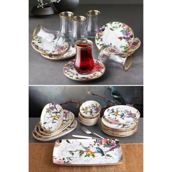 Pinkev Flora Desenli 27 Parça 6 Kişilik Seramik Kahvaltı Takımı Renkli