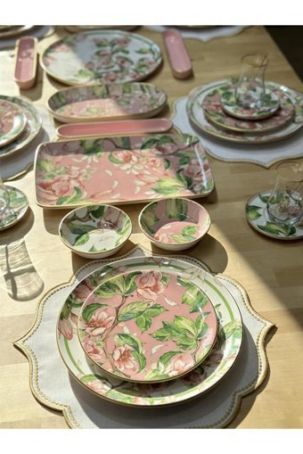 Onedekor Pink Rose Desenli 42 Parça 6 Kişilik Seramik Kahvaltı Takımı Pembe