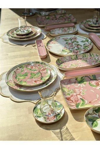 Onedekor Pink Rose Desenli 42 Parça 6 Kişilik Seramik Kahvaltı Takımı Pembe