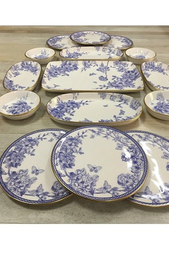 Porlistan Spring Time Desenli 15 Parça 6 Kişilik Porselen Kahvaltı Takımı Mavi