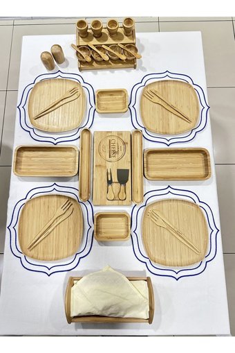 Bambum Boutique Kare 37 Parça 4 Kişilik Bambu Kahvaltı Takımı Kahverengi