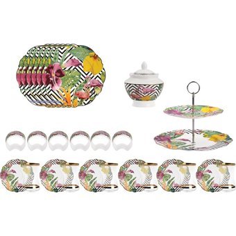 Lotus Tropik Desen Desenli 27 Parça 6 Kişilik Porselen Kahvaltı Takımı Çok Renkli