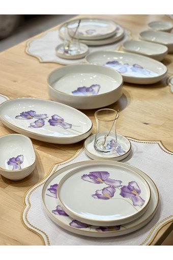 Onedekor Modern Gold Lotus Desenli 43 Parça 6 Kişilik Seramik Kahvaltı Takımı Beyaz