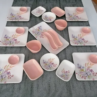 Keramika Kelebek Kare Desenli 23 Parça 6 Kişilik Seramik Kahvaltı Takımı Çok Renkli