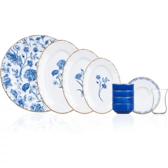 Acar Shade Of Blue Yuvarlak Desenli 27 Parça 6 Kişilik Porselen Kahvaltı Takımı Mavi