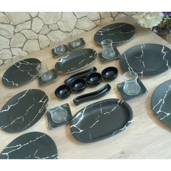 Keramika Mermer Yuvarlak Desenli 26 Parça 6 Kişilik Seramik Kahvaltı Takımı Beyaz-Siyah