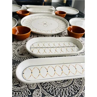 Venüs Home Decoratıon Elips Desenli 15 Parça 6 Kişilik Seramik Kahvaltı Takımı Beyaz-Gold