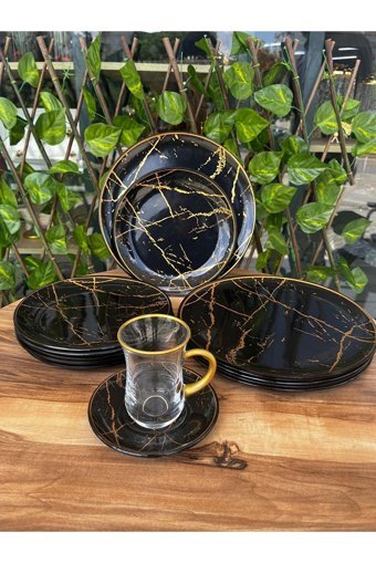 Gürcüglass Mermer Kare Desenli 24 Parça 6 Kişilik Cam Kahvaltı Takımı Siyah